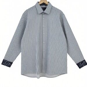 Azaro Uomo Mens 2XL Slim Performance Button‎ Down Long Sleeve in White Blue NWT